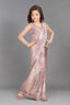 lavender pre-stitched saree gown with pleated border and embroidered blouse.