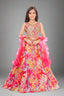 Vibrant floral lehenga with golden blouse and ruffled pink dupatta