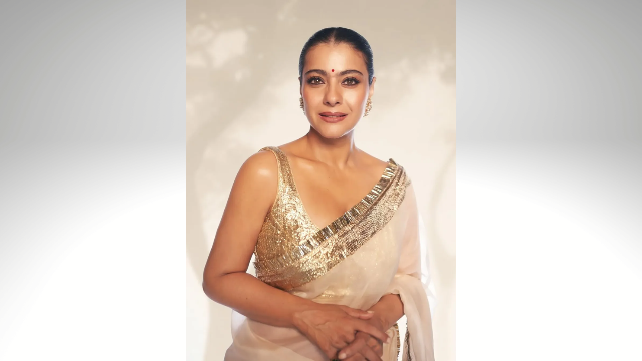 Kajol Stuns in an Exquisite Ivory Sari with Handcrafted Gold Lampi Border