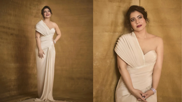 Kajol's Nude Toned Sari Gown Pairs a Corset Bodice with Cascading Pleats