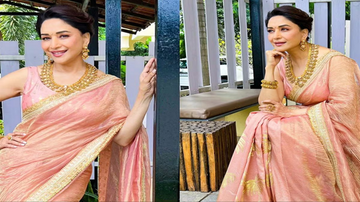 Steal Madhuri's Showstopping Style: This Peach Palm Bloom Sari is a Dream Come True!