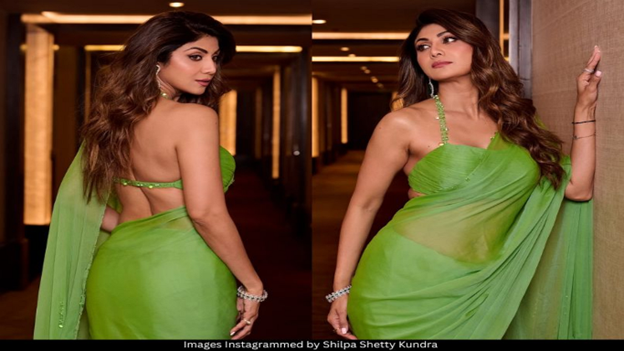 Shilpa Shetty Kundra Radiates Elegance in a Manish Malhotra Green Chiffon Sari with a Chic Halter Blouse