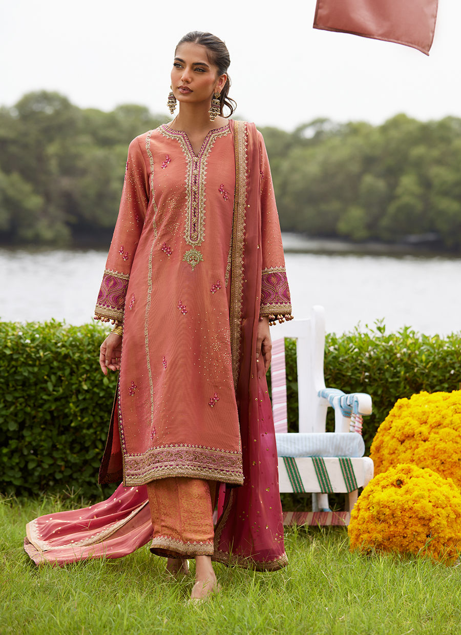 Farah Talib Aziz | Mayna Festive Luxe Pret | Rivaaz Coral Shirt And Dupatta