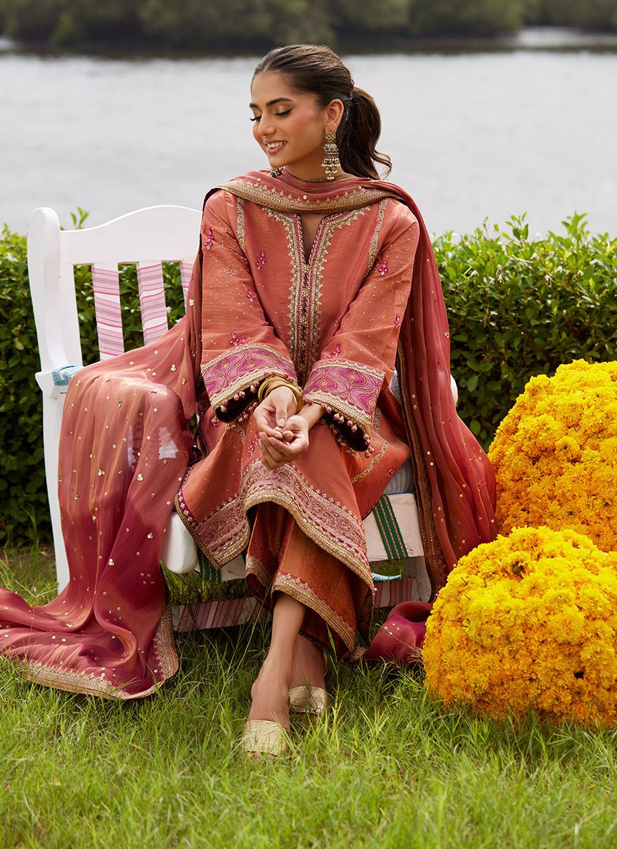 Farah Talib Aziz | Mayna Festive Luxe Pret | Rivaaz Coral Shirt And Dupatta
