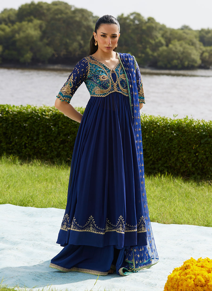 Farah Talib Aziz | Mayna Festive Luxe Pret | Zari Navy Kalidaar And Dupatta