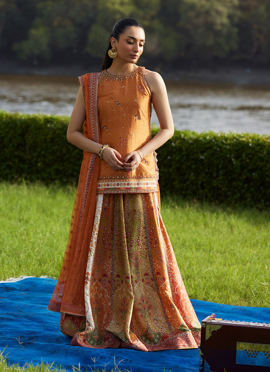 Farah Talib Aziz | Mayna Festive Luxe Pret | Sitar Saffron Shirt And Dupatta