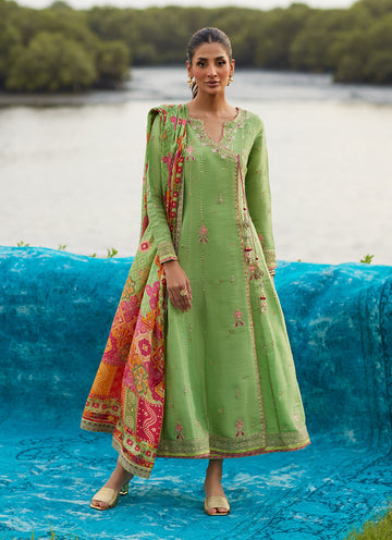 Farah Talib Aziz | Mayna Festive Luxe Pret | Elysian Sage Shirt And Dupatta