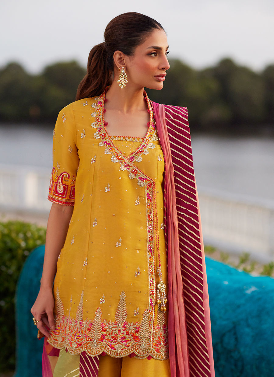 Farah Talib Aziz | Mayna Festive Luxe Pret | Henna Saffron Angharkha And Dupatta
