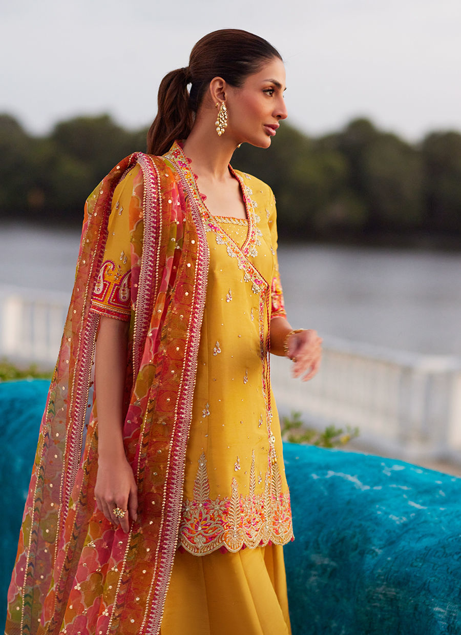 Farah Talib Aziz | Mayna Festive Luxe Pret | Henna Saffron Angharkha And Dupatta
