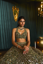 Olive green with sequins and thread work lehenga set
