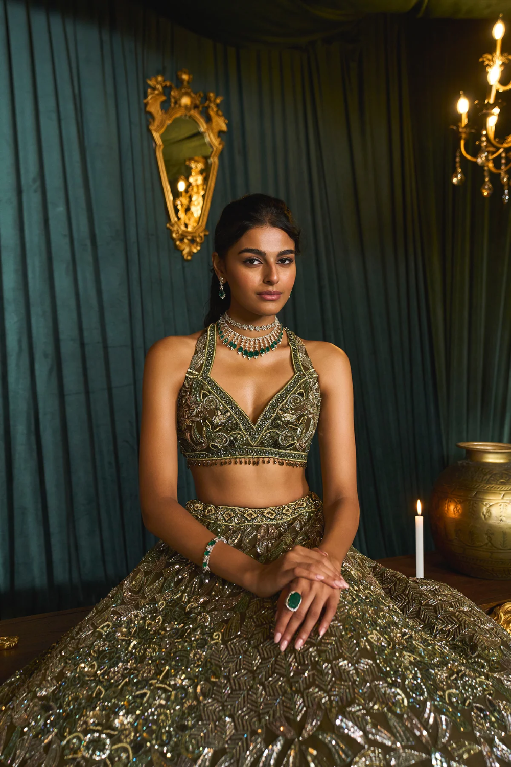 Olive green with sequins and thread work lehenga set
