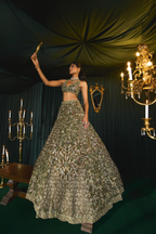 Olive green with sequins and thread work lehenga set