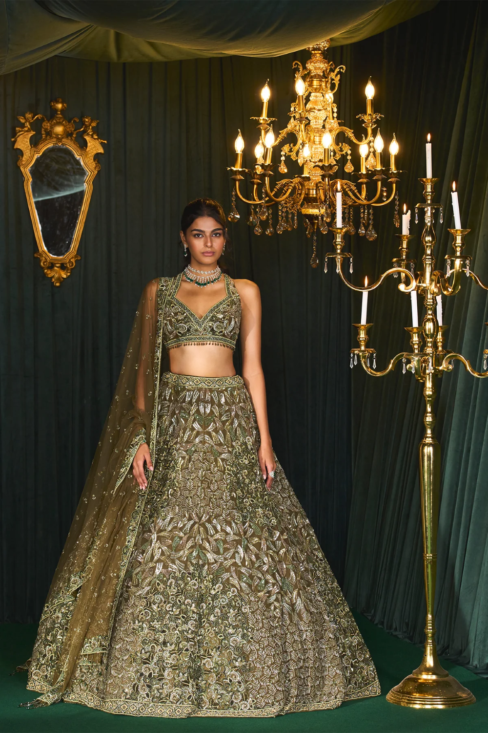 Olive green with sequins and thread work lehenga set Main image