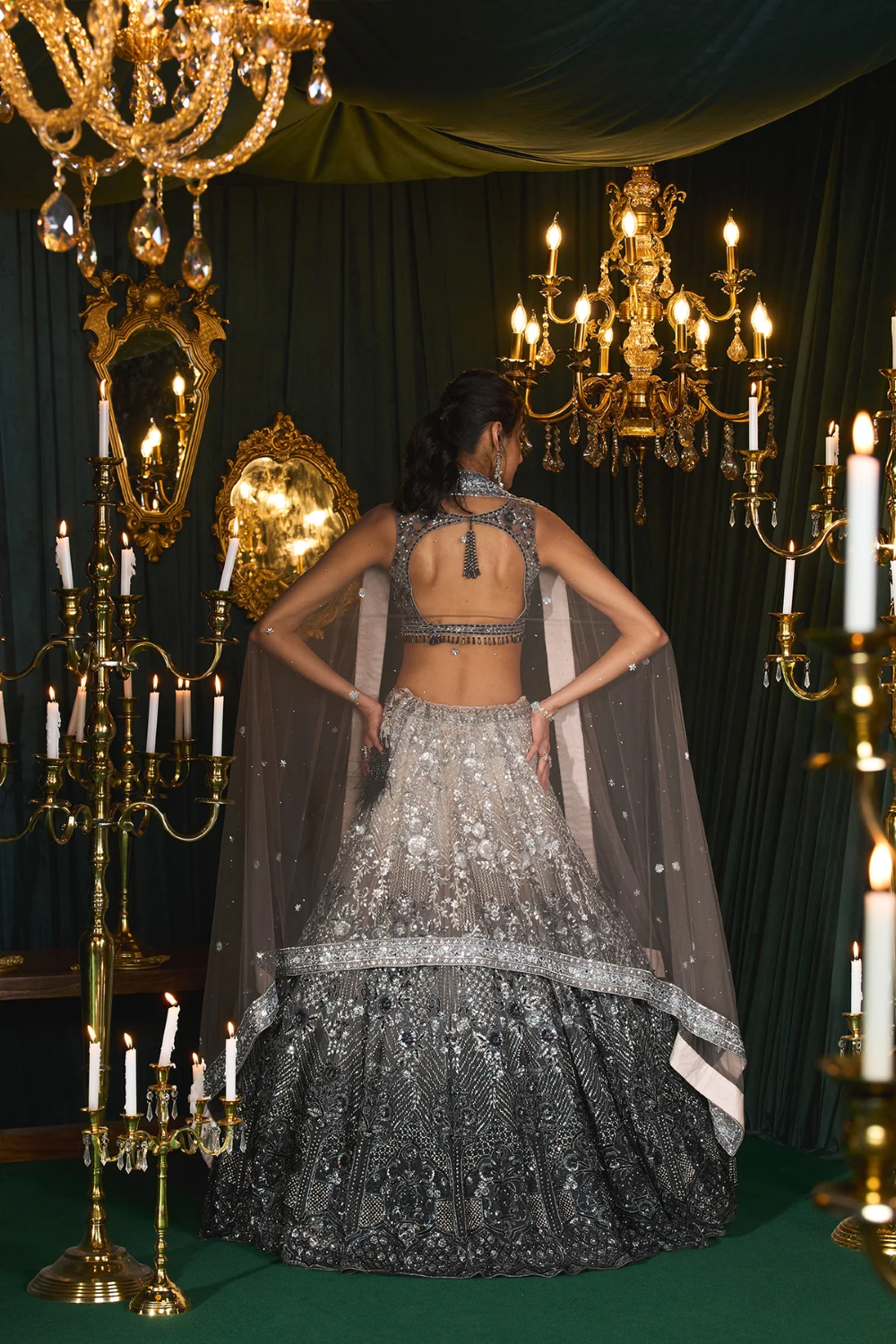 Dual shade lehenga with moti and sequins detailing