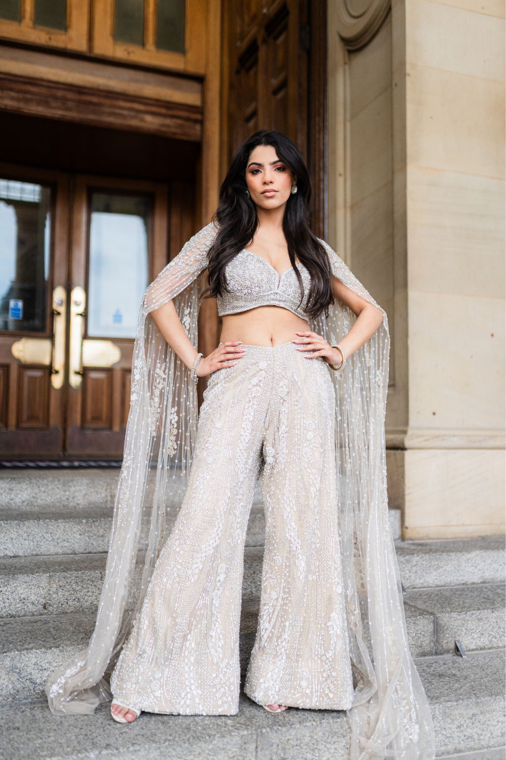 SIlver Embroidered Top with Palazzo and Cape