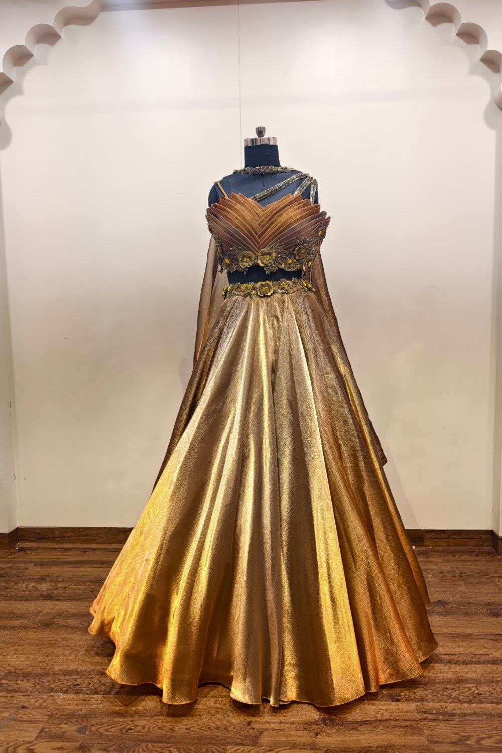Contemporary All Gold Designer Lehenga in Organza - Luxe Ethnic Ensemble
