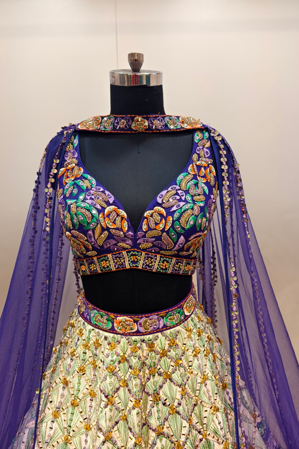 Luxurious Multi-Toned Lehenga with Cream Base and Elegant Purple Net Dupatta - Designer Ethnic Masterpiece Secondary image