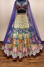 Luxurious Multi-Toned Lehenga with Cream Base and Elegant Purple Net Dupatta - Designer Ethnic Masterpiece