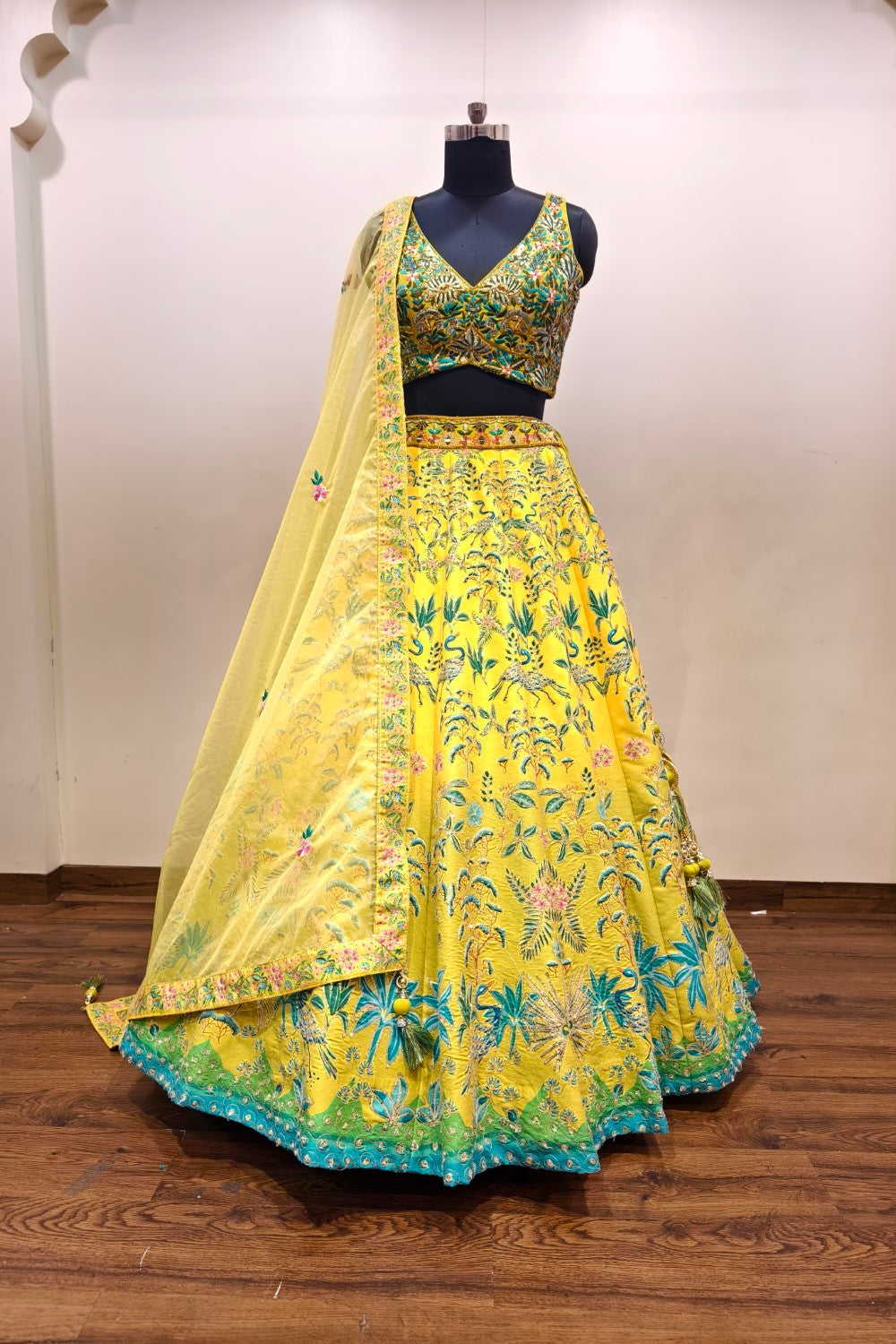 Vibrant Bright Yellow Lehenga with Floral Embroidery - Designer Ethnic Wear Main image