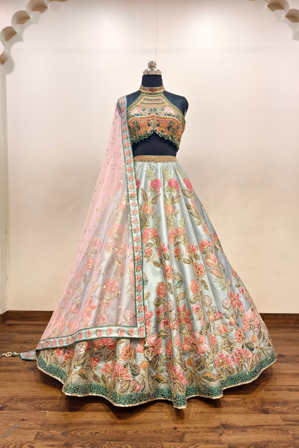 Luxurious Teal Lehenga with Elaborate Floral Embroidery - Designer Ethnic Masterpiece