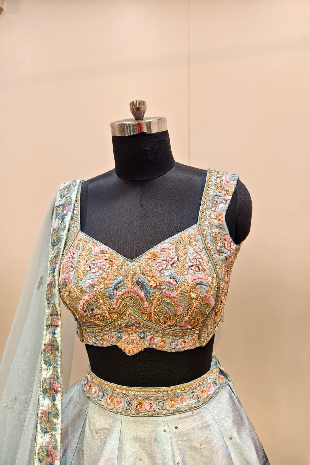 Net Lehenga with Delicate Floral Embroidery in Powder Blue | Light Purple