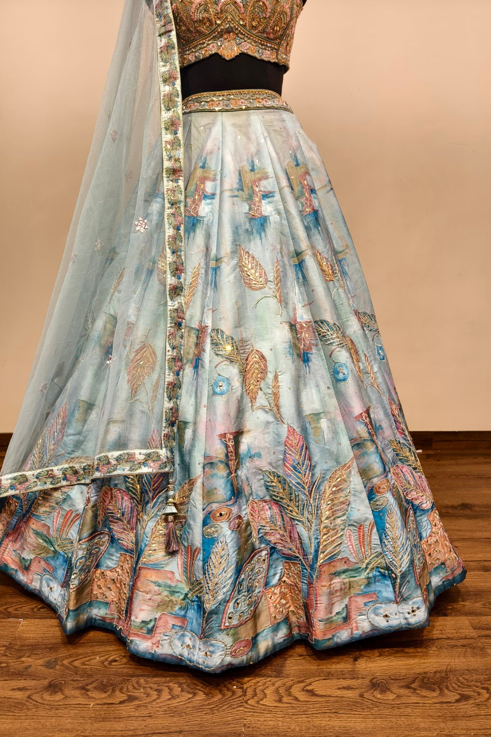 Net Lehenga with Delicate Floral Embroidery in Powder Blue | Light Purple