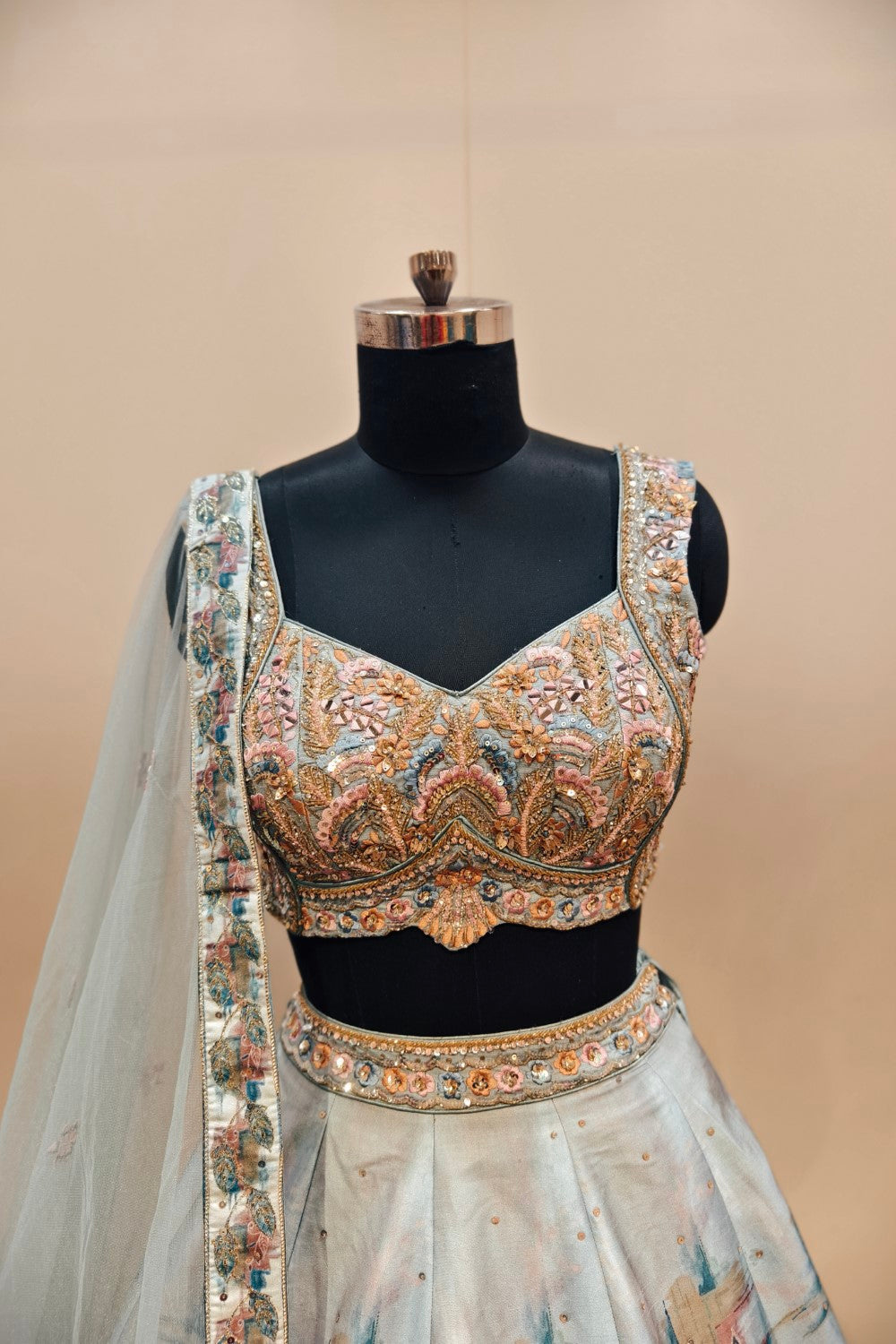 Net Lehenga with Delicate Floral Embroidery in Powder Blue | Light Purple