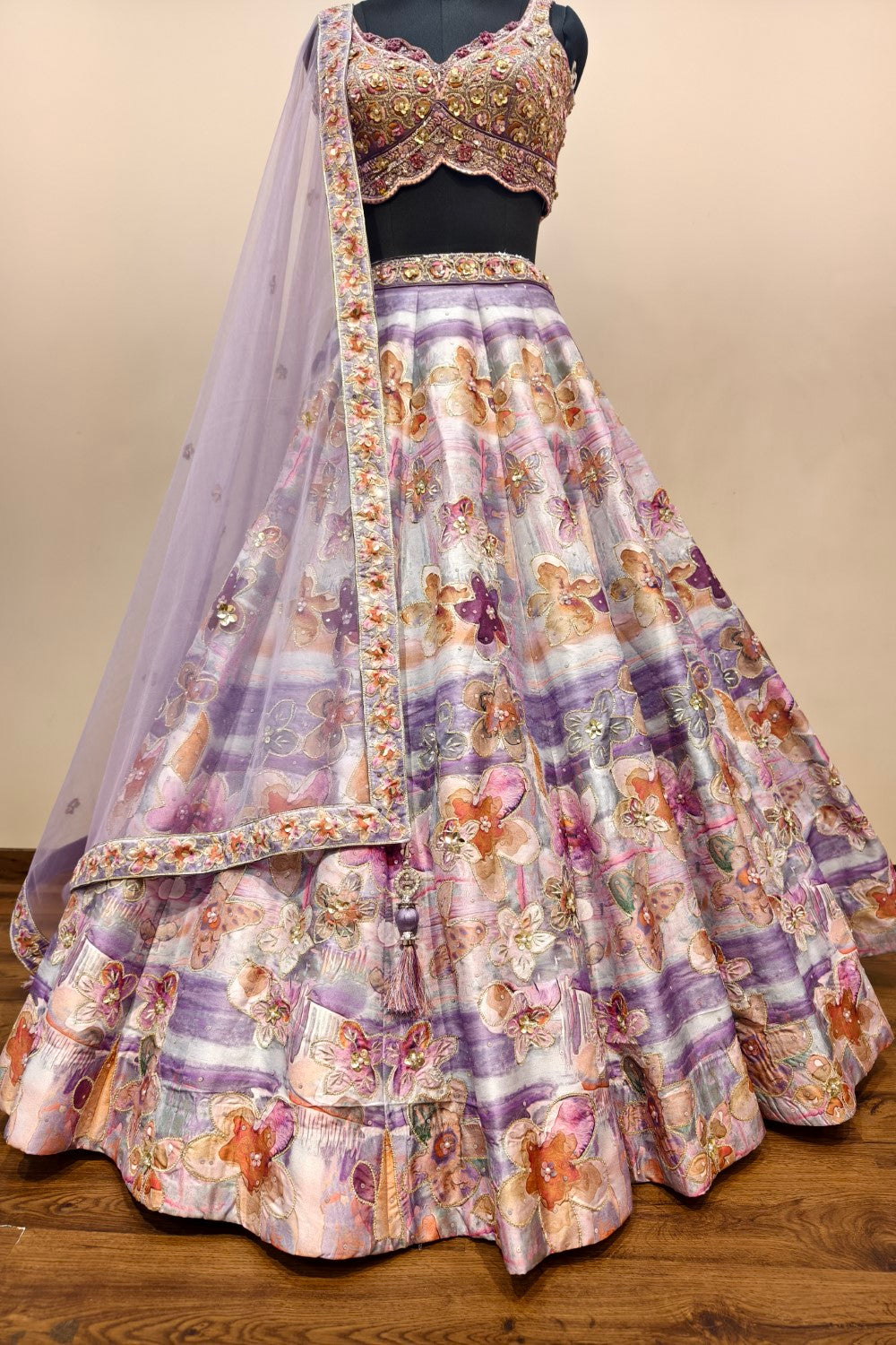 Net Lehenga with Delicate Floral Embroidery in Powder Blue | Light Purple