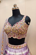 Net Lehenga with Delicate Floral Embroidery in Powder Blue | Light Purple