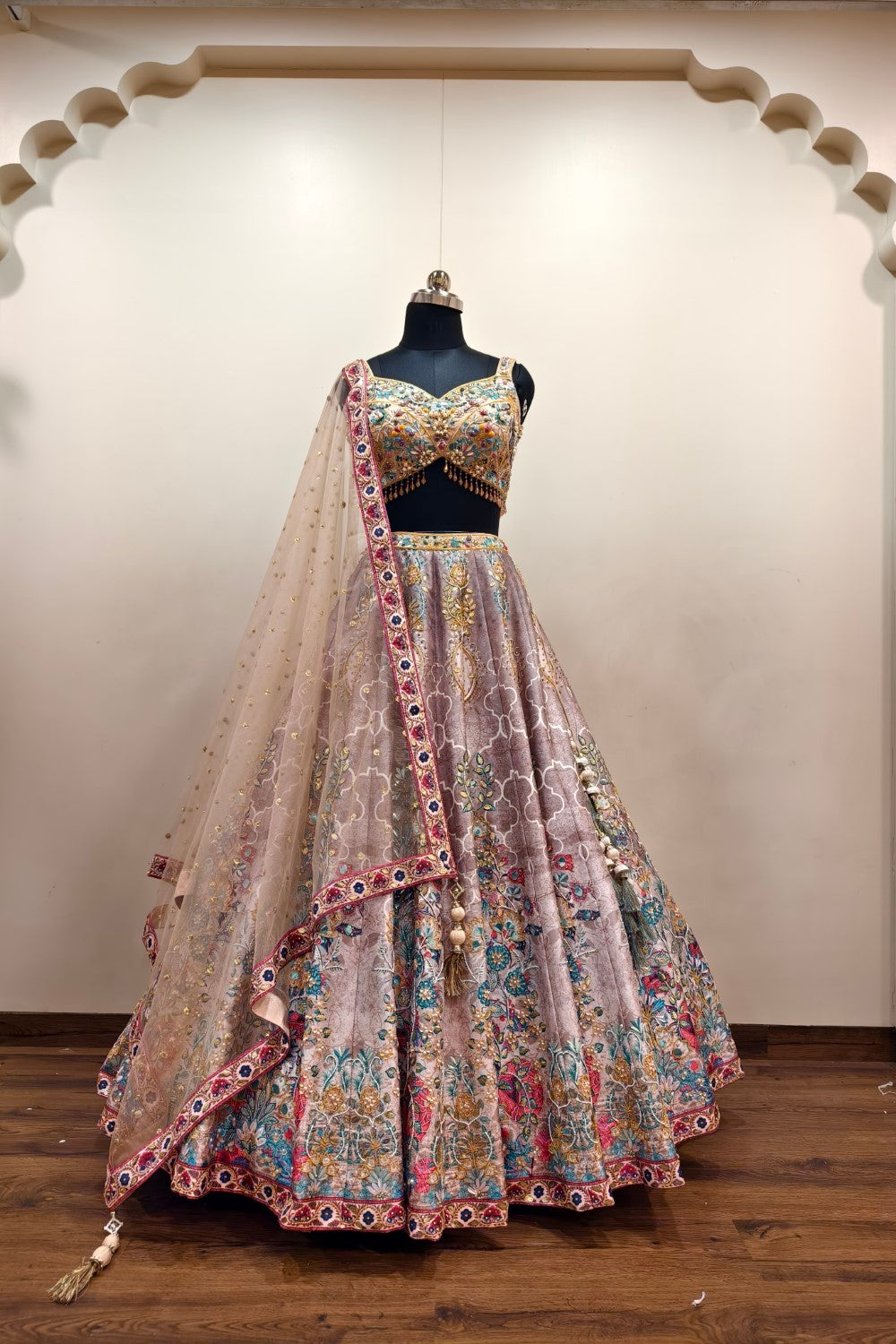 Delicate Pink Lehenga with Multicolored Floral Embroidery - Designer Ethnic Wear