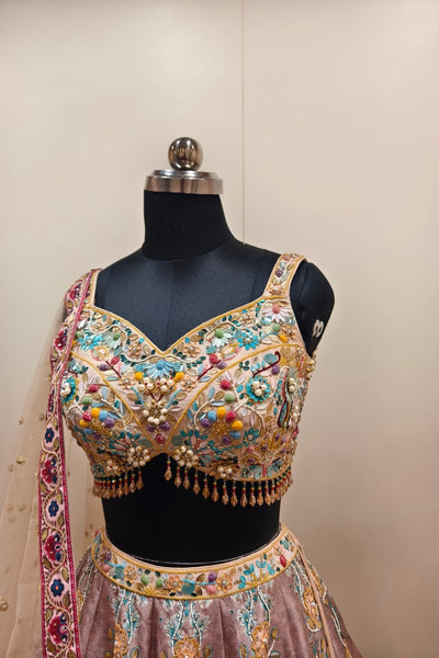 Delicate Pink Lehenga with Multicolored Floral Embroidery - Designer Ethnic Wear