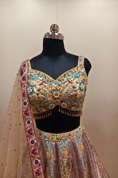 Delicate Pink Lehenga with Multicolored Floral Embroidery - Designer Ethnic Wear