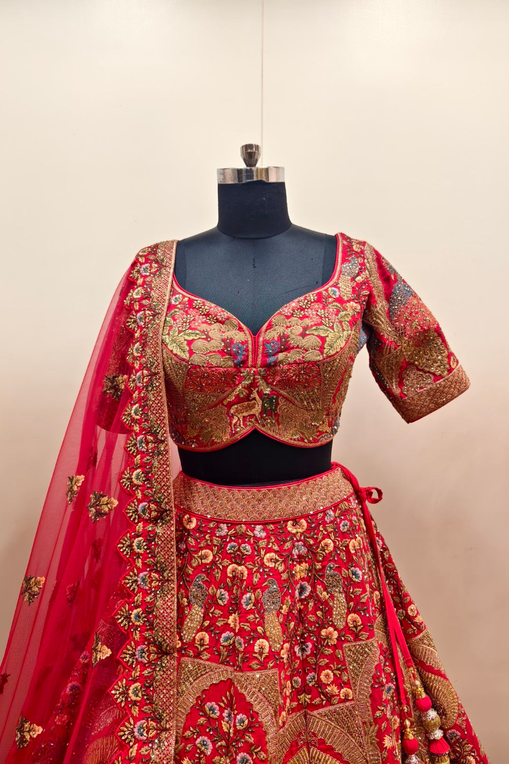 Bright Red Lehenga with Extensive Intricate Embroidery - Premium Designer Bridal Wear