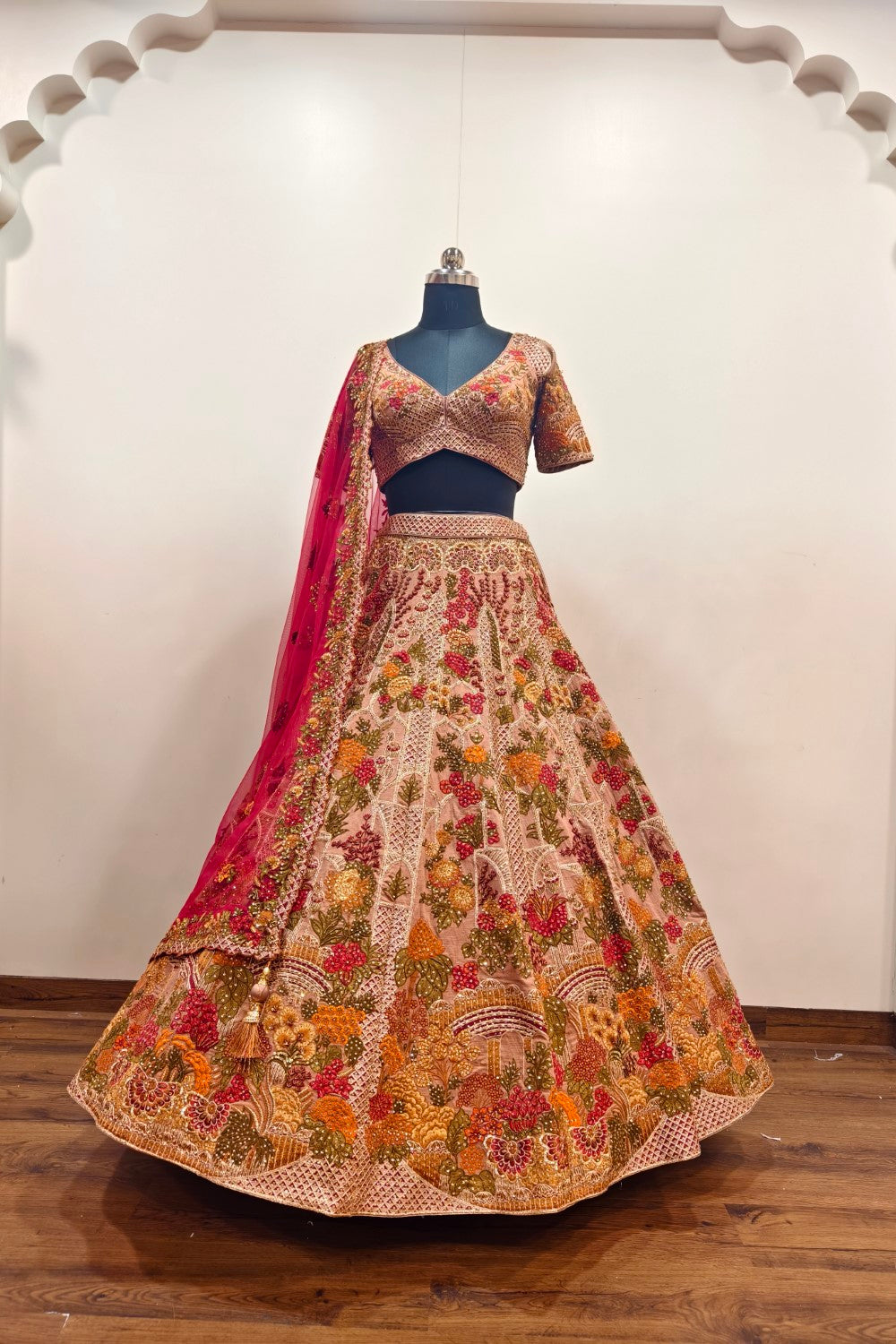 Luxurious Multi-Toned Red Lehenga with Elaborate Floral Embroidery - Designer Ethnic Wear Main image
