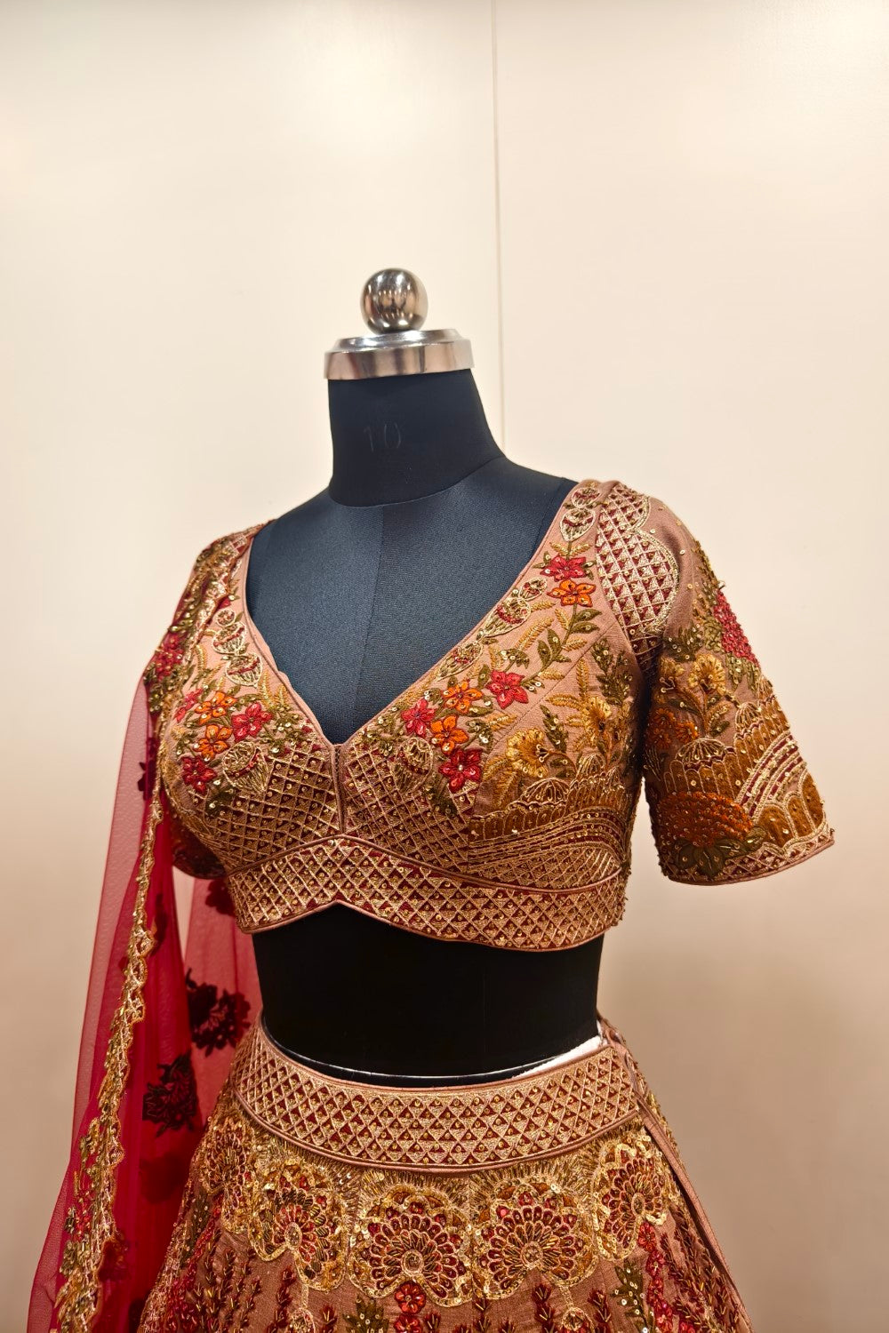 Luxurious Multi-Toned Red Lehenga with Elaborate Floral Embroidery - Designer Ethnic Wear