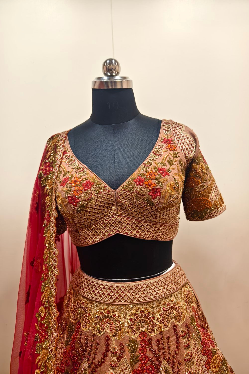 Luxurious Multi-Toned Red Lehenga with Elaborate Floral Embroidery - Designer Ethnic Wear