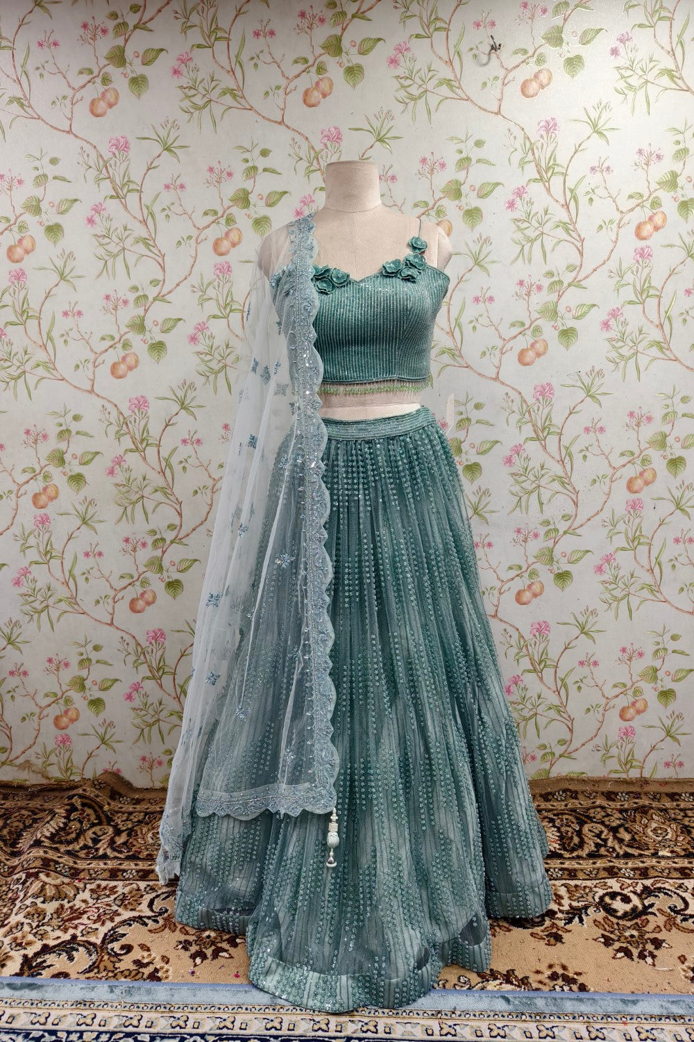 Elegant Teal Net Dupatta Lehenga - Designer Ethereal Ethnic Wear Main image