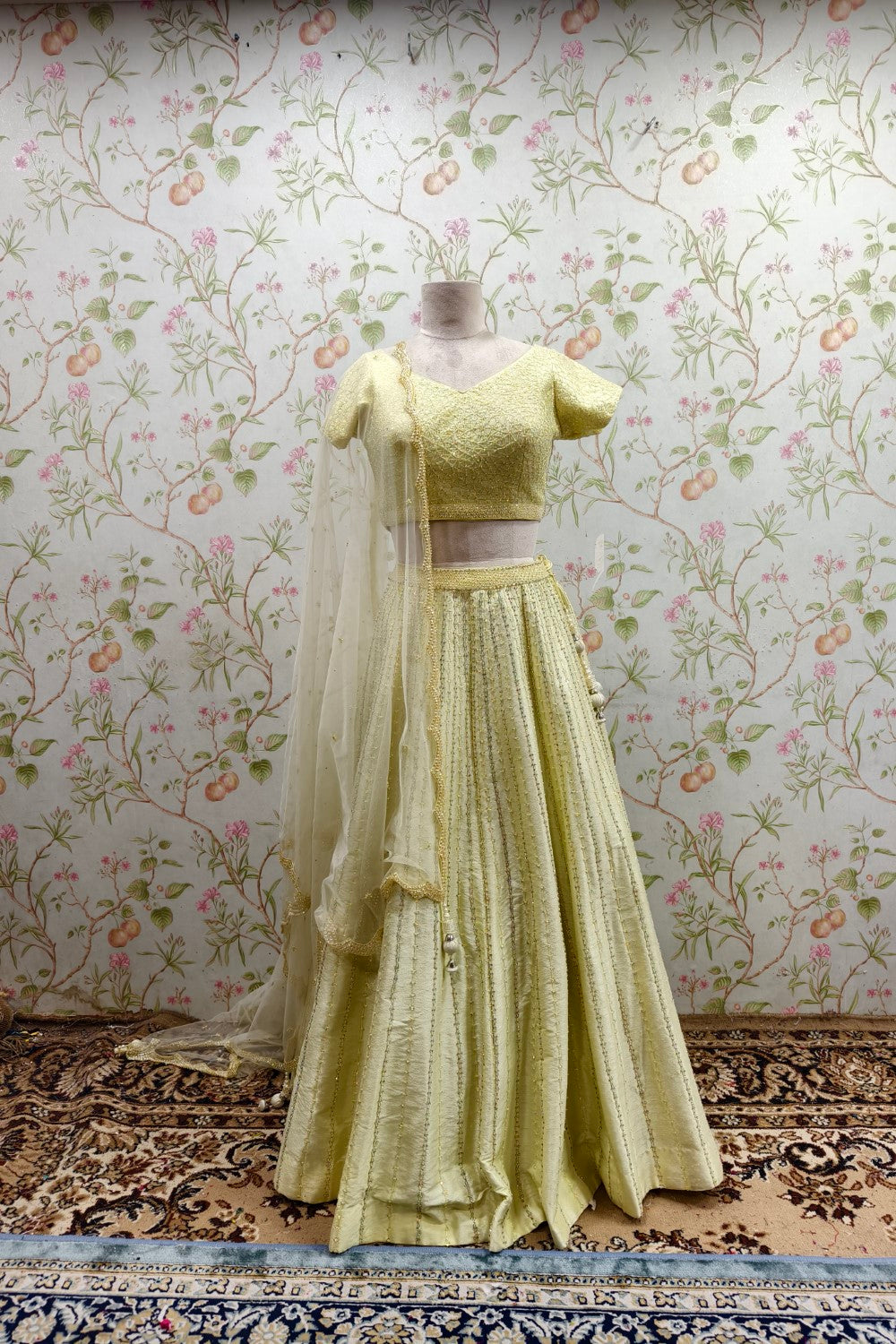 Traditional Embroidered Lehenga and Textured Blouse in Pistachio Color - Designer Ethnic Masterpiece Main image