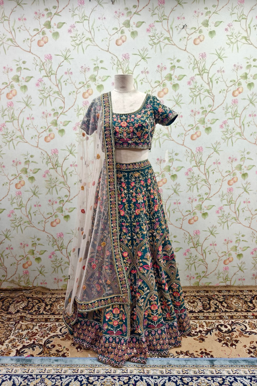 Beautiful Multi-Color Floral Embroidered Turquoise Lehenga with Net Dupatta - Designer Ethnic Ensemble