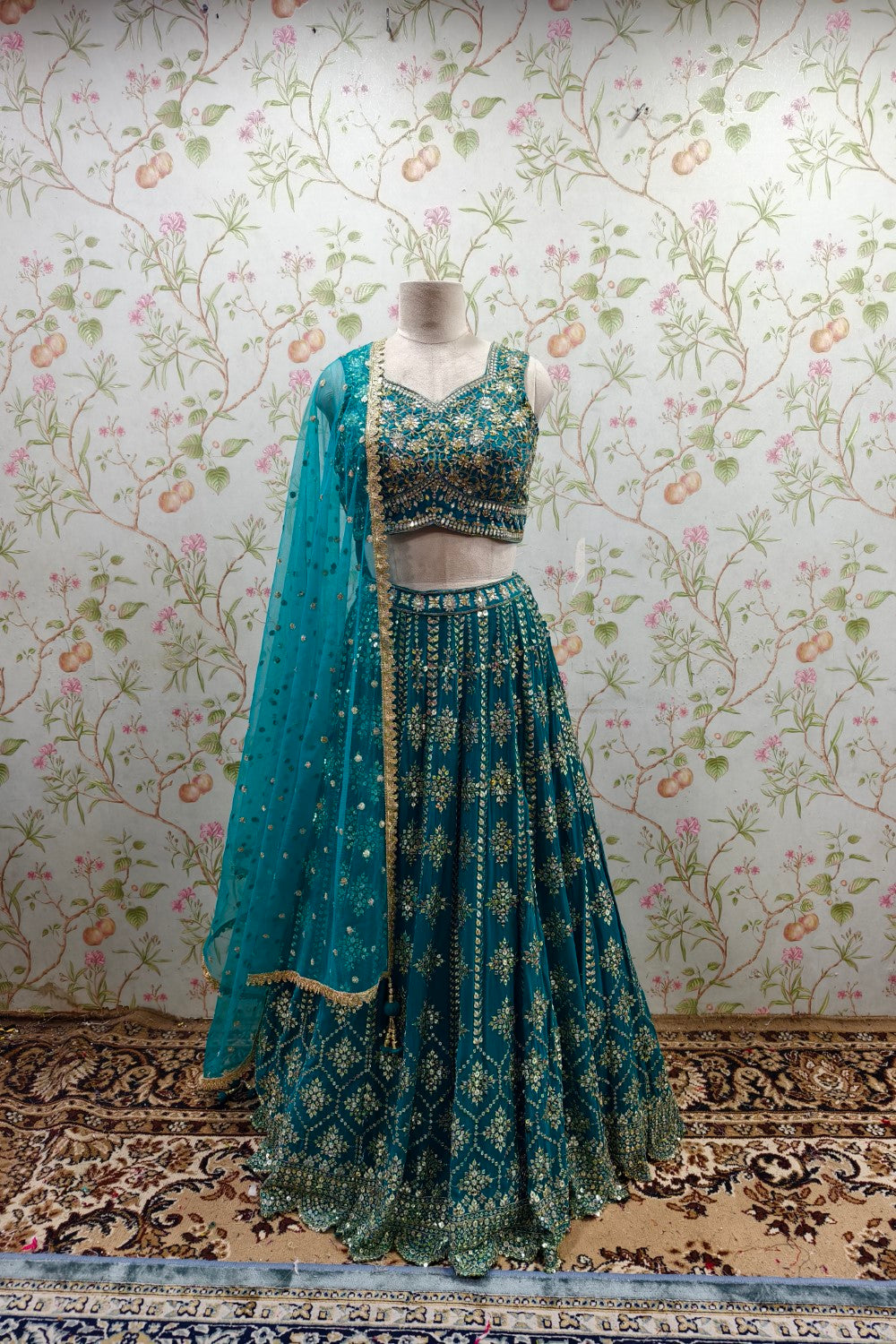 Turquoise Lehenga with Golden Embroidery - Designer Ethnic Elegance Main image