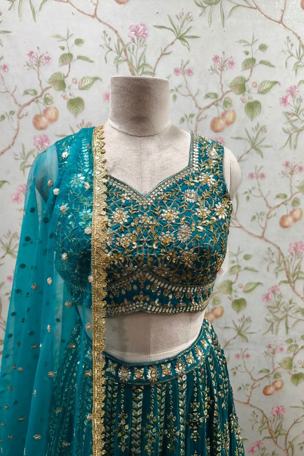 Turquoise Lehenga with Golden Embroidery - Designer Ethnic Elegance