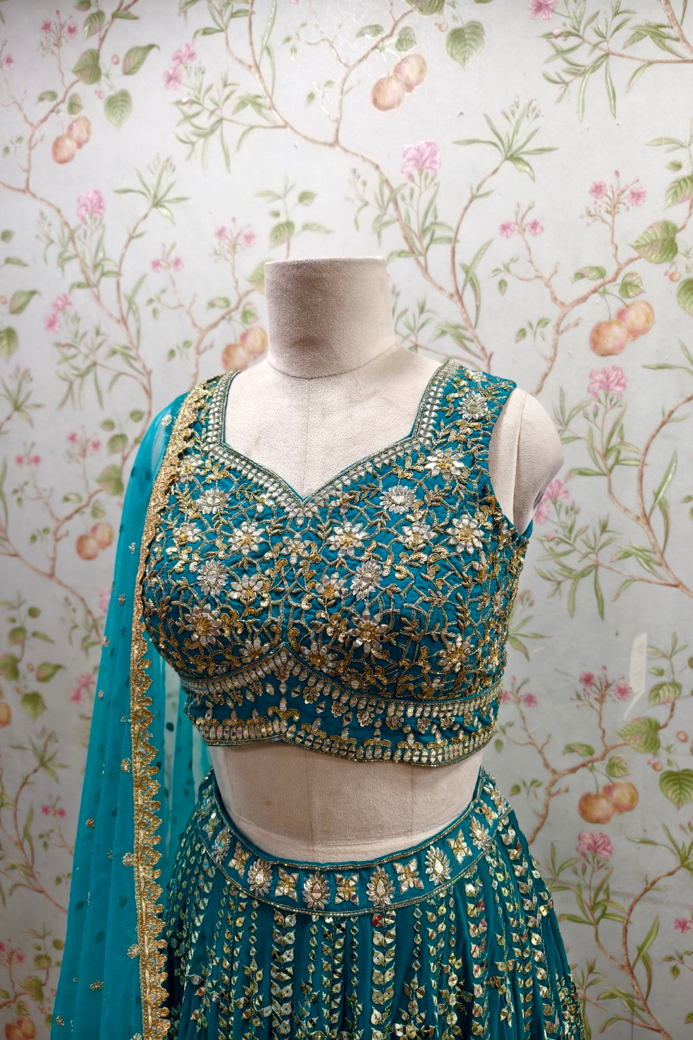 Turquoise Lehenga with Golden Embroidery - Designer Ethnic Elegance