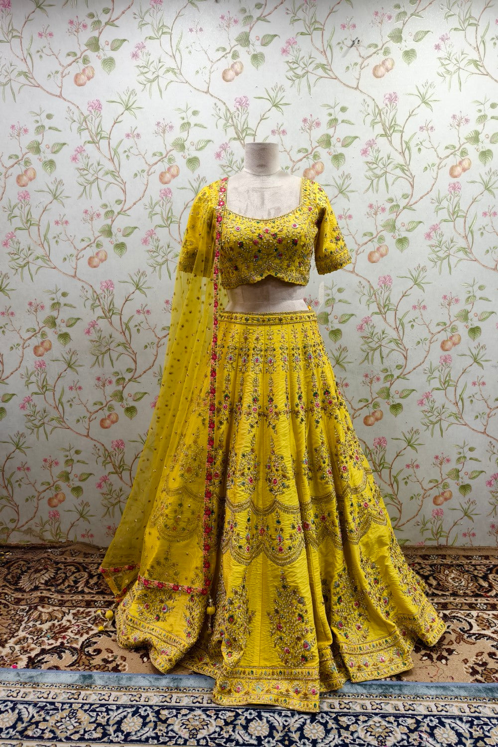 Traditional Yellow Lehenga with Enchanting Pink and Green Floral Embroidery - Designer Ethnic Masterpiece