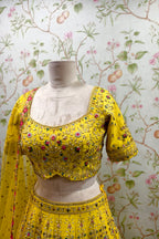 Traditional Yellow Lehenga with Enchanting Pink and Green Floral Embroidery - Designer Ethnic Masterpiece
