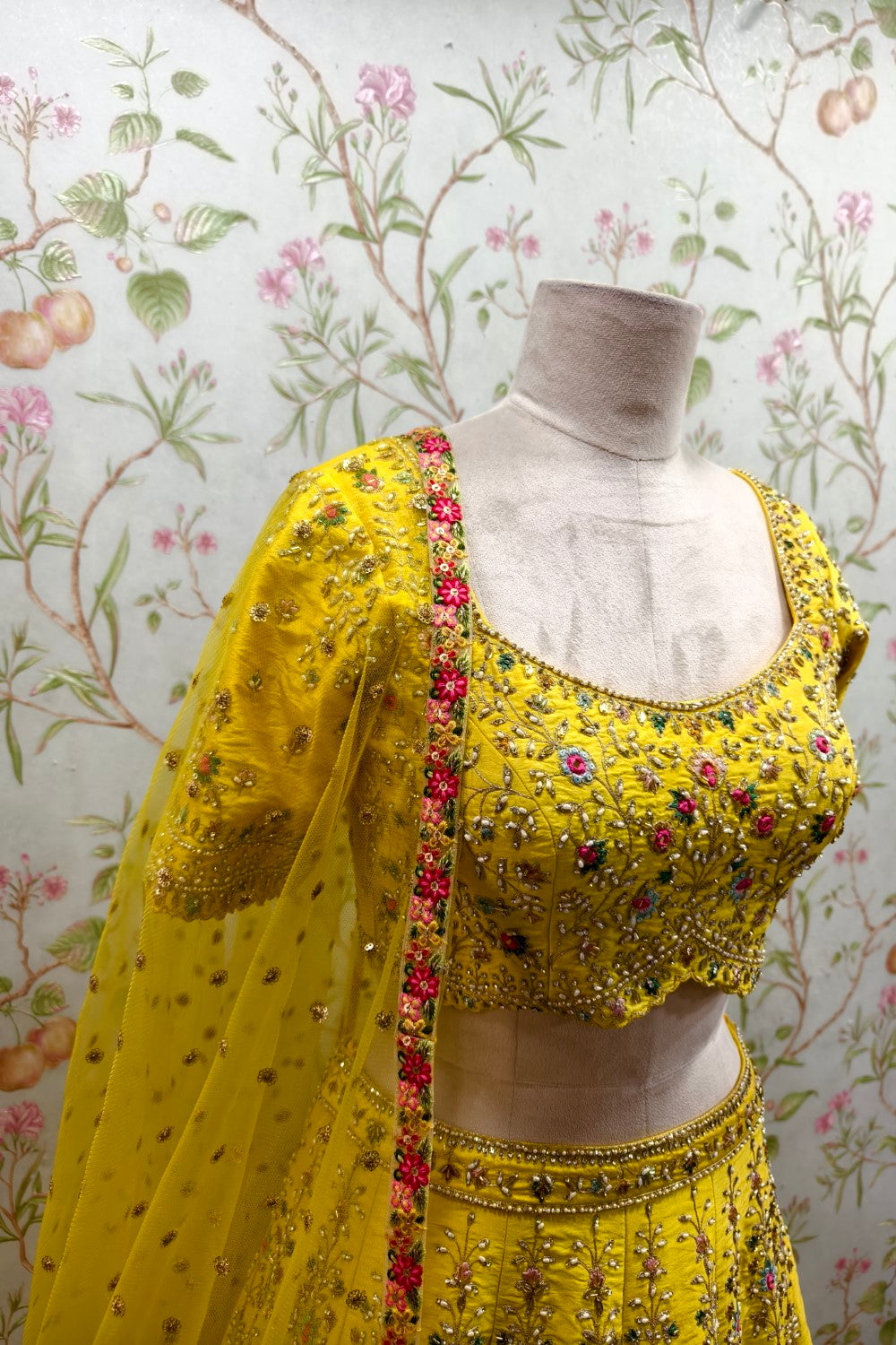 Traditional Yellow Lehenga with Enchanting Pink and Green Floral Embroidery - Designer Ethnic Masterpiece