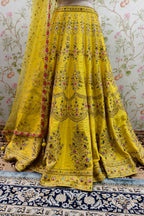 Traditional Yellow Lehenga with Enchanting Pink and Green Floral Embroidery - Designer Ethnic Masterpiece