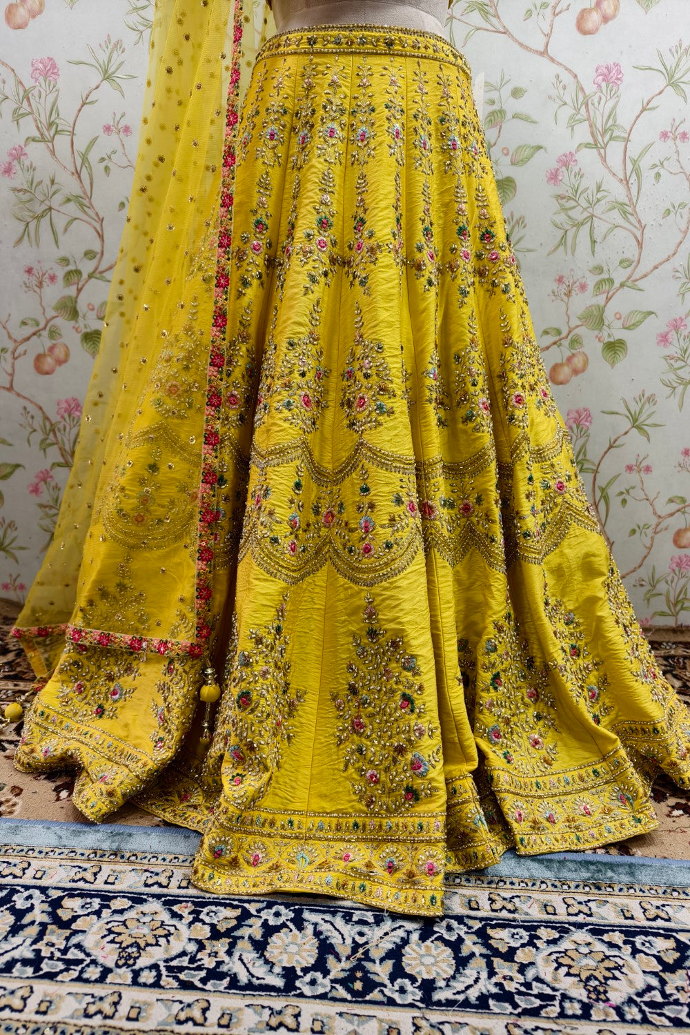 Traditional Yellow Lehenga with Enchanting Pink and Green Floral Embroidery - Designer Ethnic Masterpiece