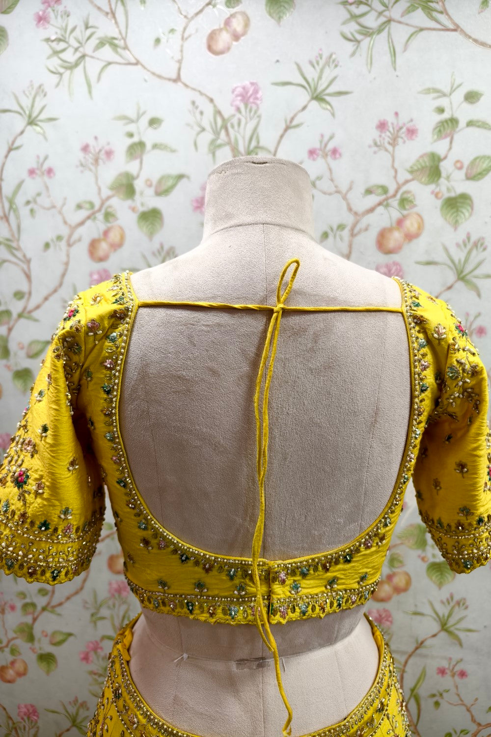 Traditional Yellow Lehenga with Enchanting Pink and Green Floral Embroidery - Designer Ethnic Masterpiece