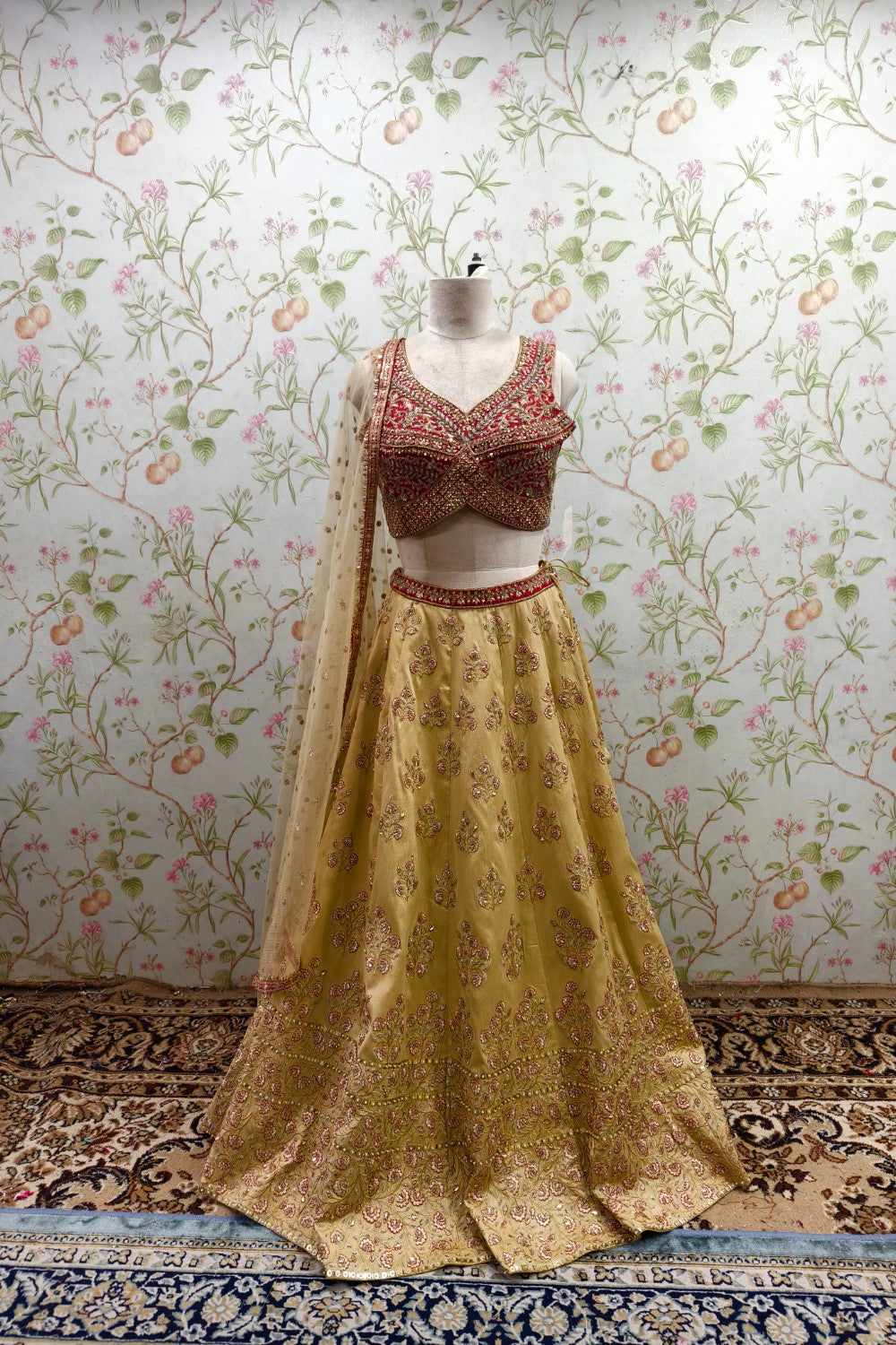 Golden Lehenga with Stunning Red Embroidered Blouse - Designer Bridal Ensemble