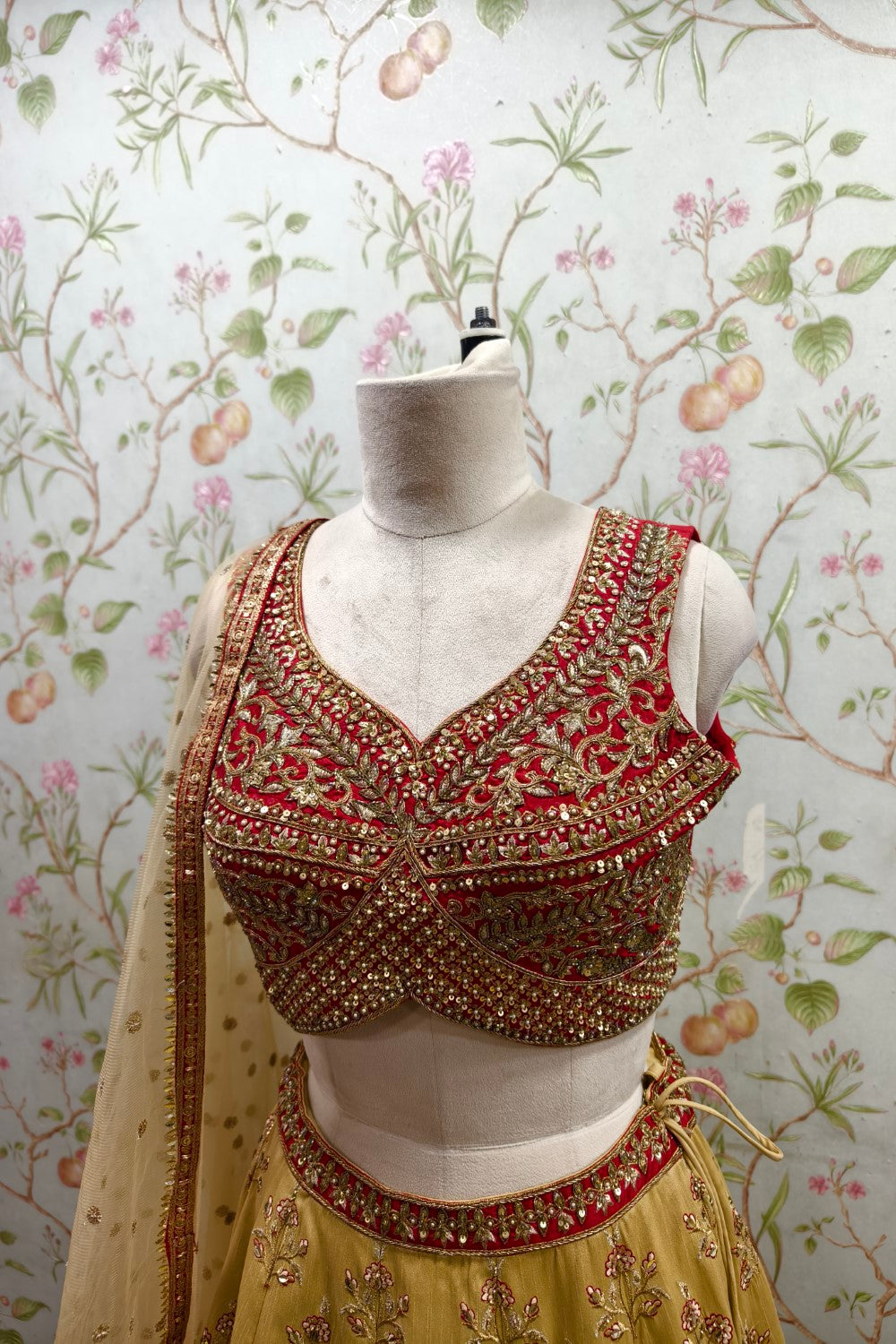 Golden Lehenga with Stunning Red Embroidered Blouse - Designer Bridal Ensemble